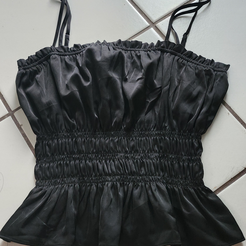 H&M Black Satin Smocked Spaghetti Strap Camisole